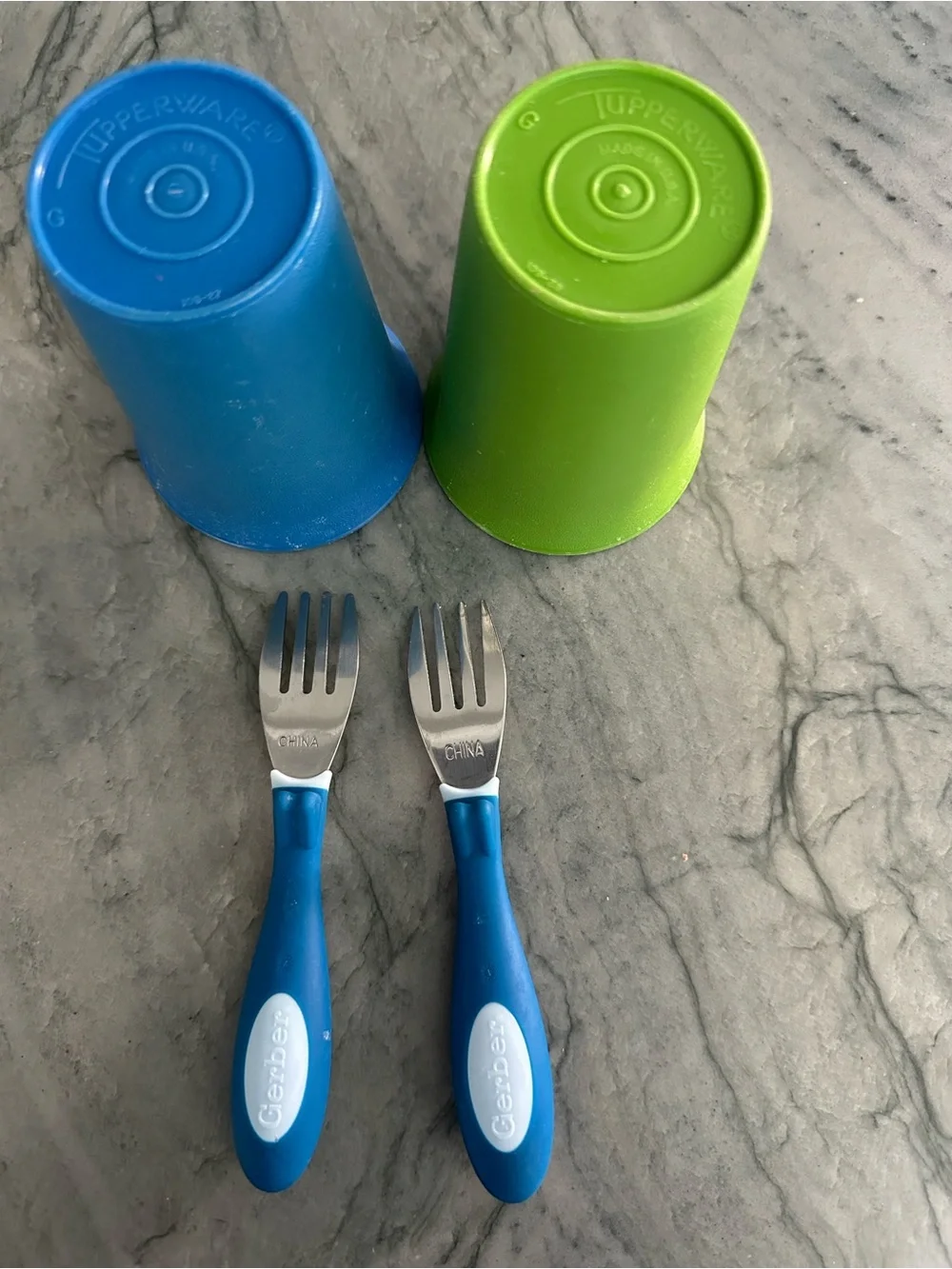 Kids Tupperware Cups with Blue Gerber Forks